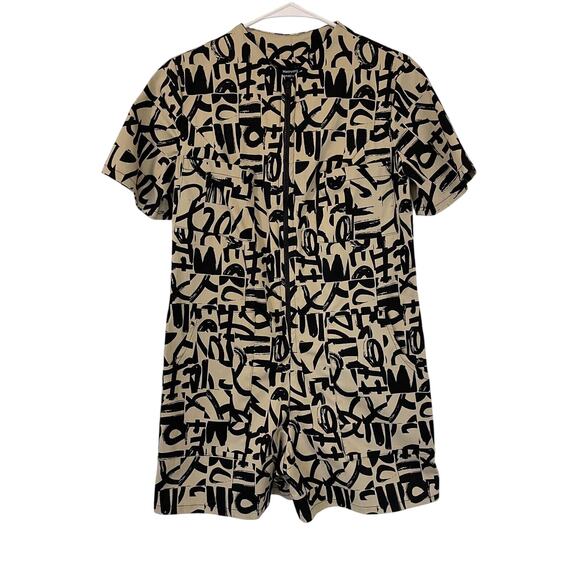 Matrushka Construction Size M Romper Pockets Zipper Abstract Tan Black Unique - Picture 1 of 8